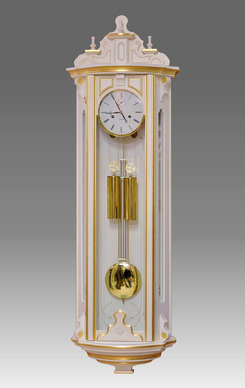 Regulator-Vienna- clock Art.423/2 lacquered white patinated with gold leaf - bim bam melody on coil gong